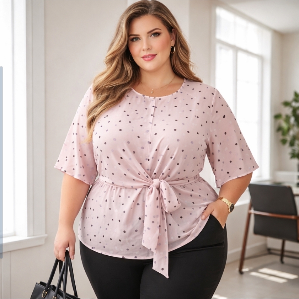 Lane Bryant Size 28 Pink Polka Dot Tie-Front Blouse Top Flutter Sleeve Plus Size